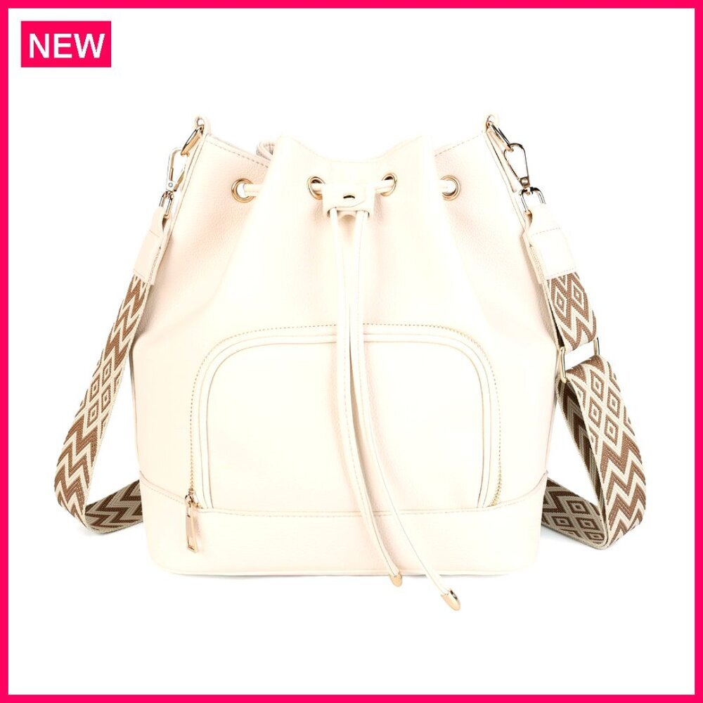 Faux Leather Bucket Bag with Adjustable Guitar Strap, Spacious Tote for Women